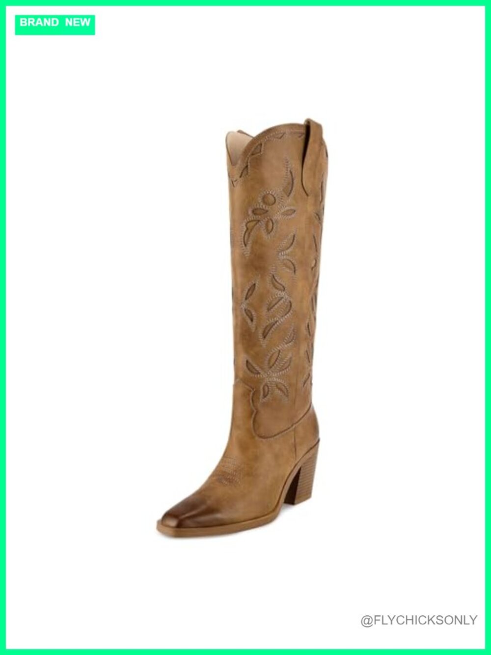 Faux Leather Knee High Western Cowboy Boots Square Toe Chunky Heel